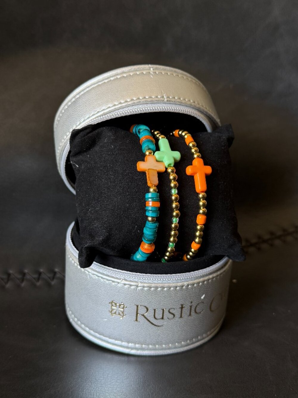 Rustic Cuff Turquoise & Coral Beaded Bracelet Trio w Cross Charms & Travel Case
